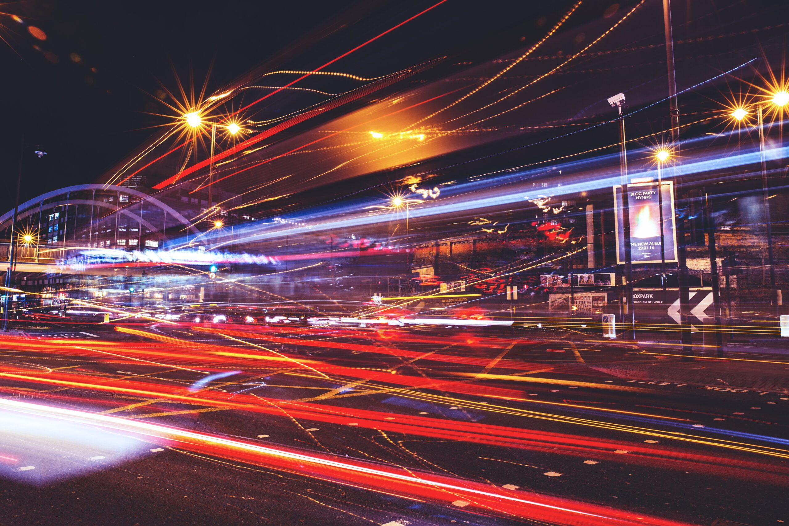 Dynamic static website header image. Picture of a futuristic city street.