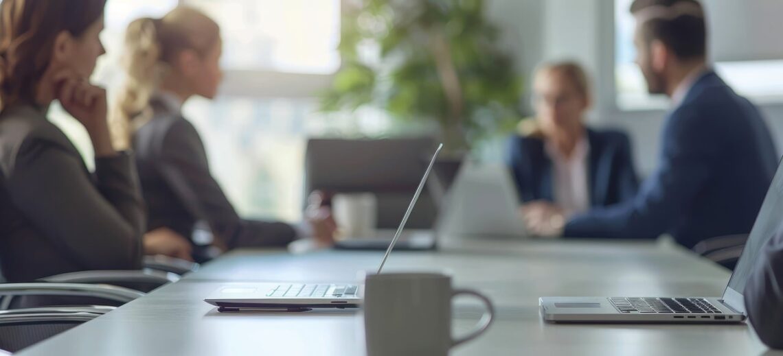 People in business attire sitting around a conference table for a marketing meeting