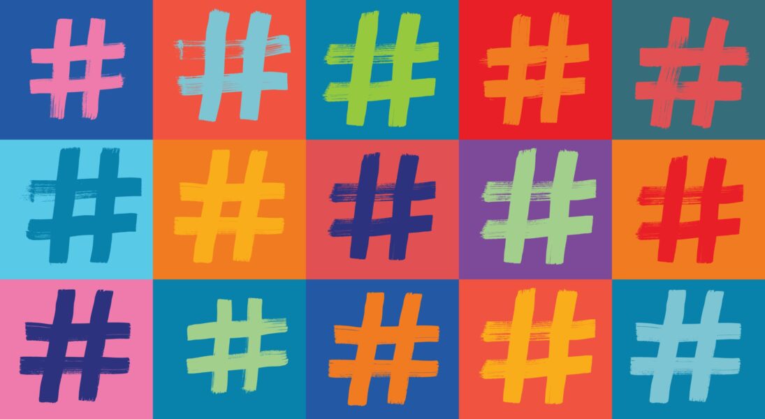 A Colourful design of a grid of hashtags